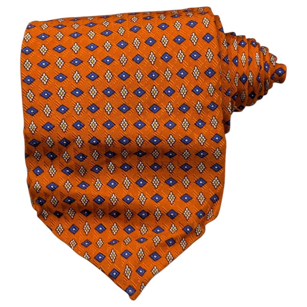 Geoffrey Beene Tie Silk Mens Orange Blue Diamond Neat Floral Formal 56.75"x3.75"